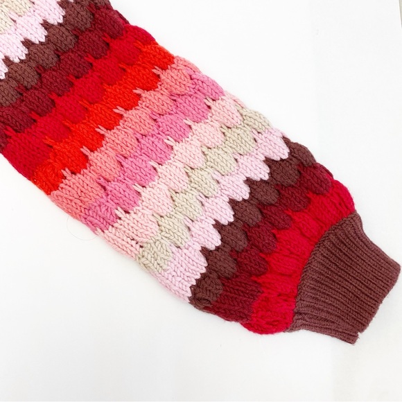 THML Textured Chunky Knit Striped Puffy Crewneck Sweater Red Pink - Picture 9 of 14